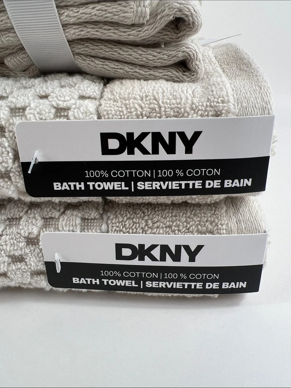 DKNY Bath Towels Tan White Textured Soft Plush 100% Cotton 8 Pc Set NEW